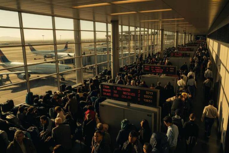 Crowded airport terminal with boarding gates, digital flight boards, and planes visible through large windows outside (sunlit). -- Informative scene of a busy gate area