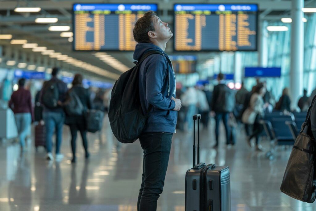 Young man in a blue hoodie with a backpack gazing up at flight departure boards in a busy airport, with a rolling suitcase beside him.