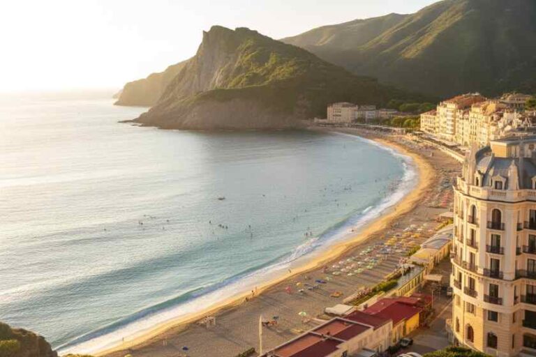 Sunlit coastal town with a curved sandy beach, calm turquoise water, and green mountains in the background.