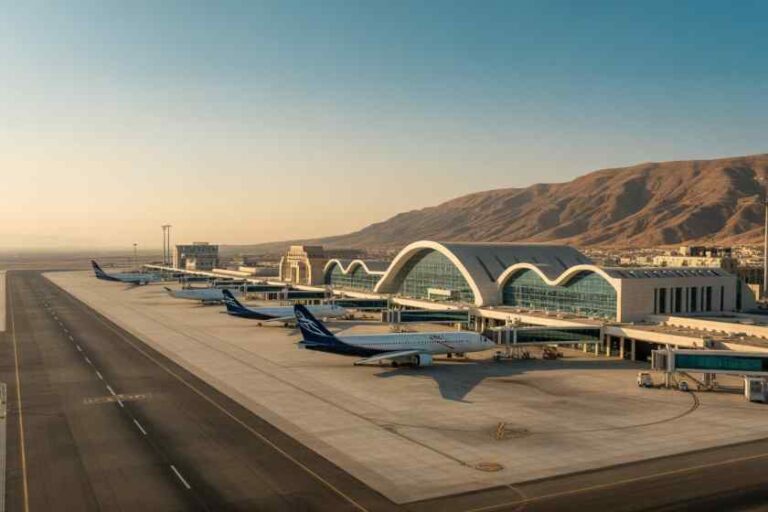 Airport apron at sunset with multiple planes docked at curved-roof terminals and desert mountains in the background.