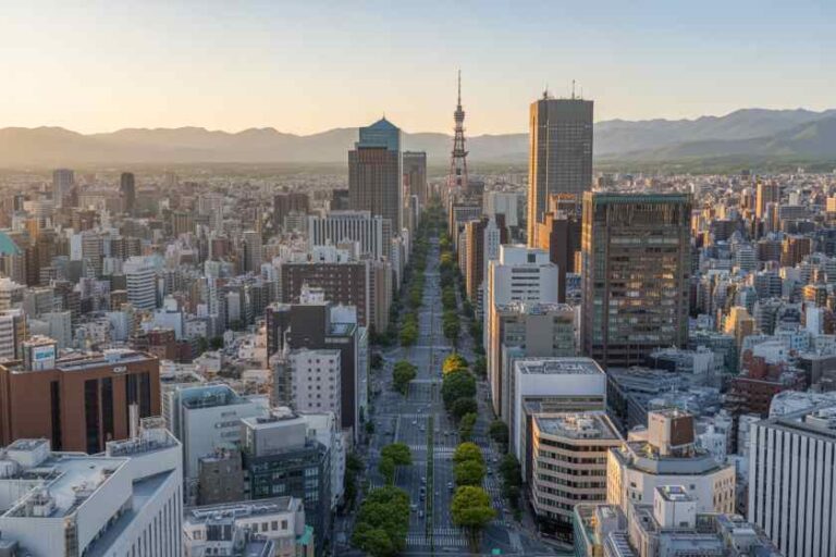Aerial view of a dense urban city center with a straight tree-lined avenue leading toward tall buildings and distant mountains at sunset?light.