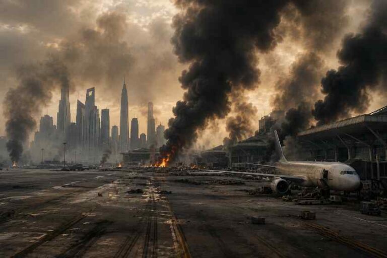 Jet aircraft on the airport apron with a large smoke plume and a burning fire, city skyline in the distance.
