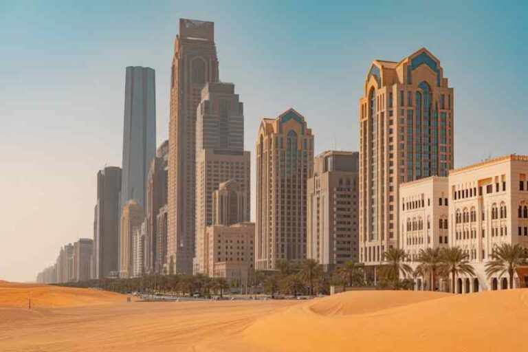 Dubai skyline with tall modern buildings along a sandy shoreline and palm trees.