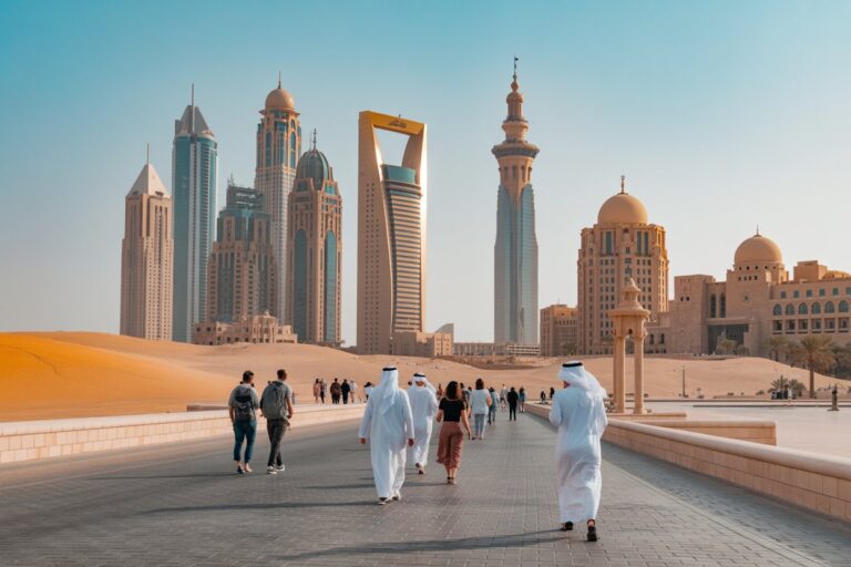Pedestrians walk along a wide promenade toward a futuristic city skyline of tall towers and beige domed buildings under a clear blue sky.