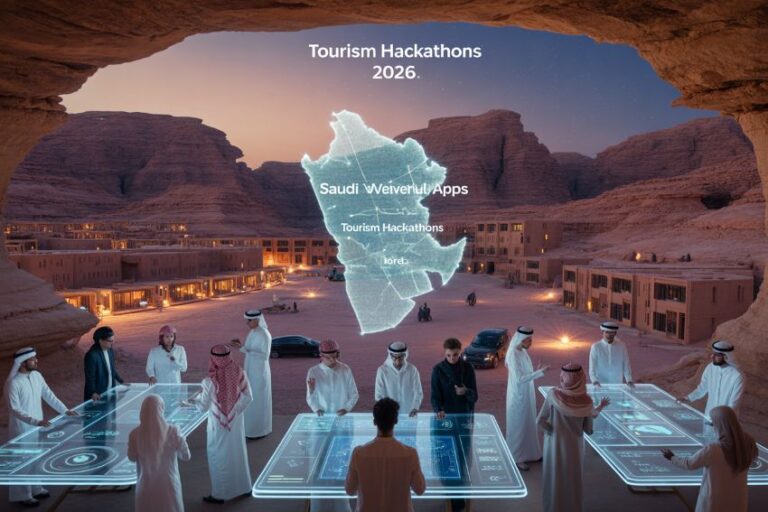 Participants in white attire gather around futuristic touch tables as a glowing map of Saudi Arabia hovers above, advertising Tourism Hackathons 2026 in a desert venue.