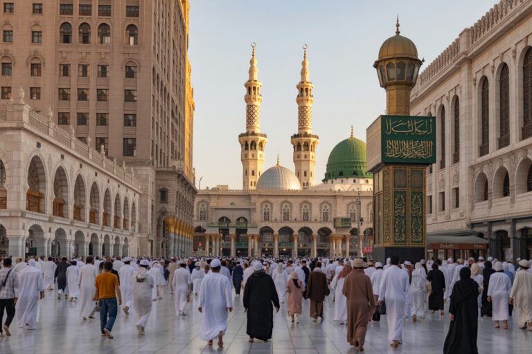 Large crowd of pilgrims walking inside a grand mosque courtyard with arches and minarets at sunset.