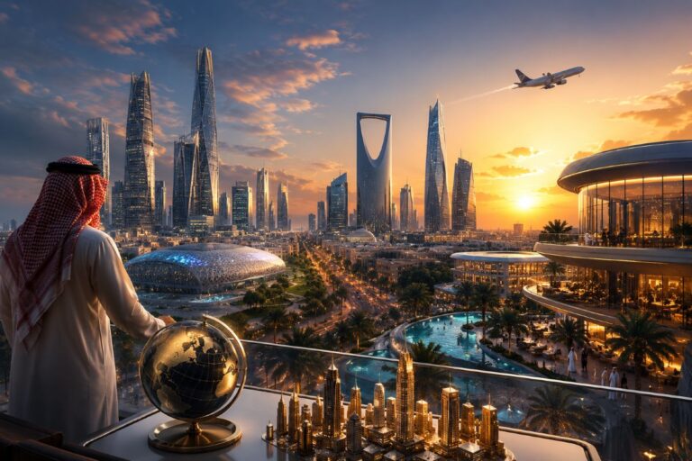 Man in traditional Middle Eastern attire on a balcony, gazing at Dubai's futuristic skyline at sunset, with a globe on the table nearby.