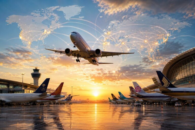 Jet rising into sky from sunset-lit airport with a glowing world-map network in the clouds behind it.