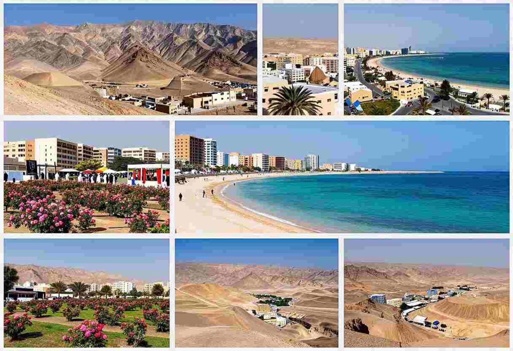 Collage showing desert mountains, palm trees, and a coastal resort with beaches and hotels.