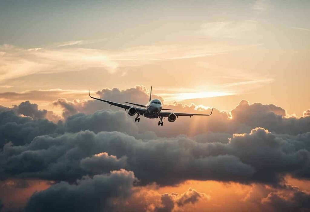 Airplane flying toward the viewer above orange sunset clouds at dusk.