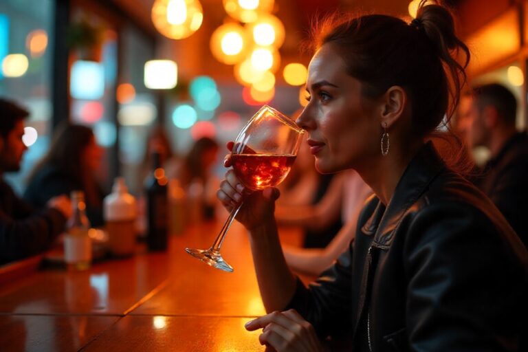 Woman in a leather jacket sipping red wine from a stemmed glass at a warmly lit bar.