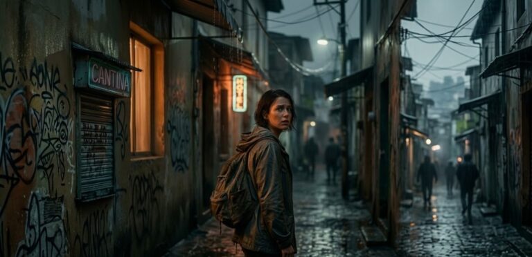 Young woman with a backpack stands in a wet, graffiti-covered alley at night, glancing over her shoulder.