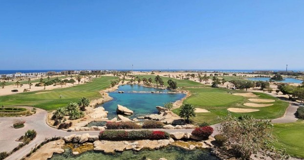 Seaside golf course with green fairways, a central pond surrounded by rocks, palm trees, and the ocean on the horizon.