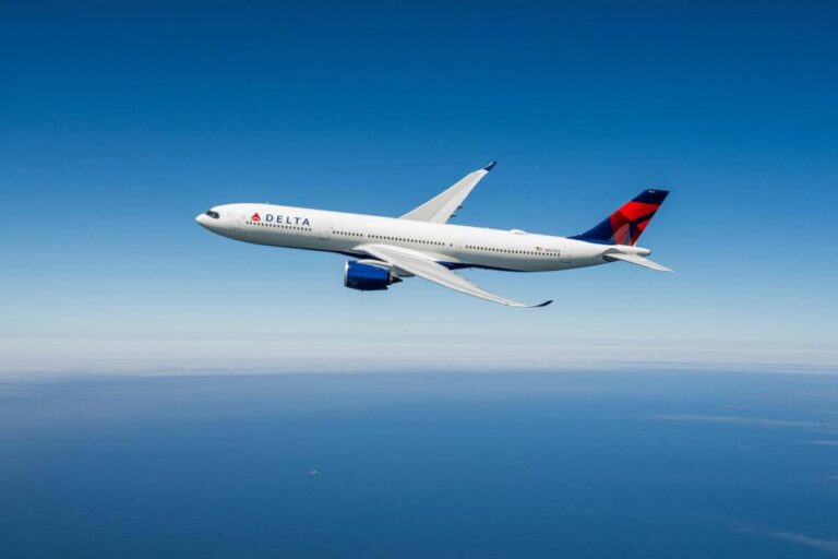 Delta Airlines jet flying over the ocean against a clear blue sky