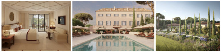 Luxurious hotel room with a king bed, seating area, and balcony view in warm beige tones, bright and airy interior.