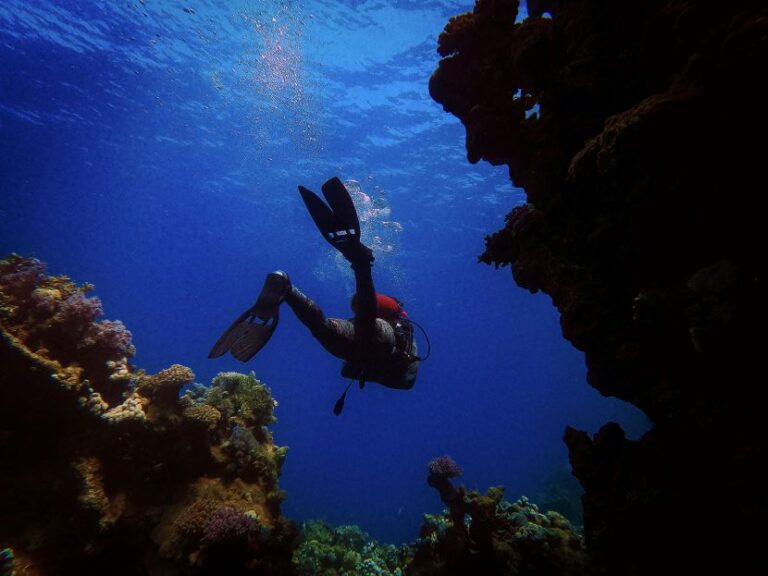 Scuba diver swimming through a coral canyon in clear blue ocean water with sunlight above.