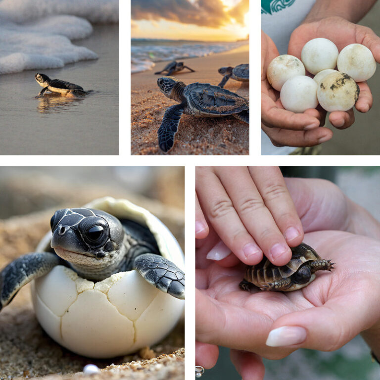 A collage showing sea turtle hatchlings and eggs: a baby turtle on wet sand near foam, a hatchling crawling on the beach, hands cupping several eggs, a turtle emerging from a broken eggshell, and a tiny turtle resting in a palm.