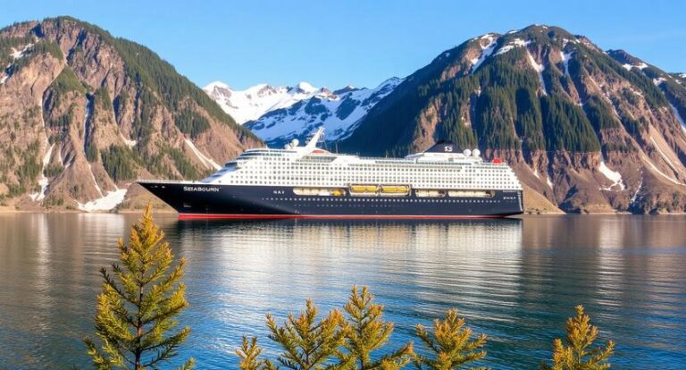 Large cruise ship Seabourn anchored in a fjord with snow-capped mountains and calm water's reflection.