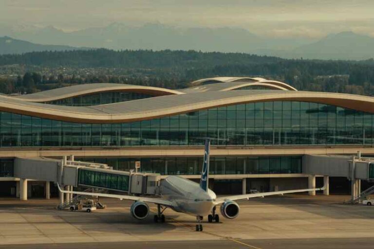 Airplane parked at a gate in front of a curved-roof airport terminal with distant mountains."