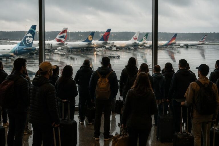 Travelers with rolling bags standing at a terminal window, watching grounded airplanes at the gate on a rainy day.