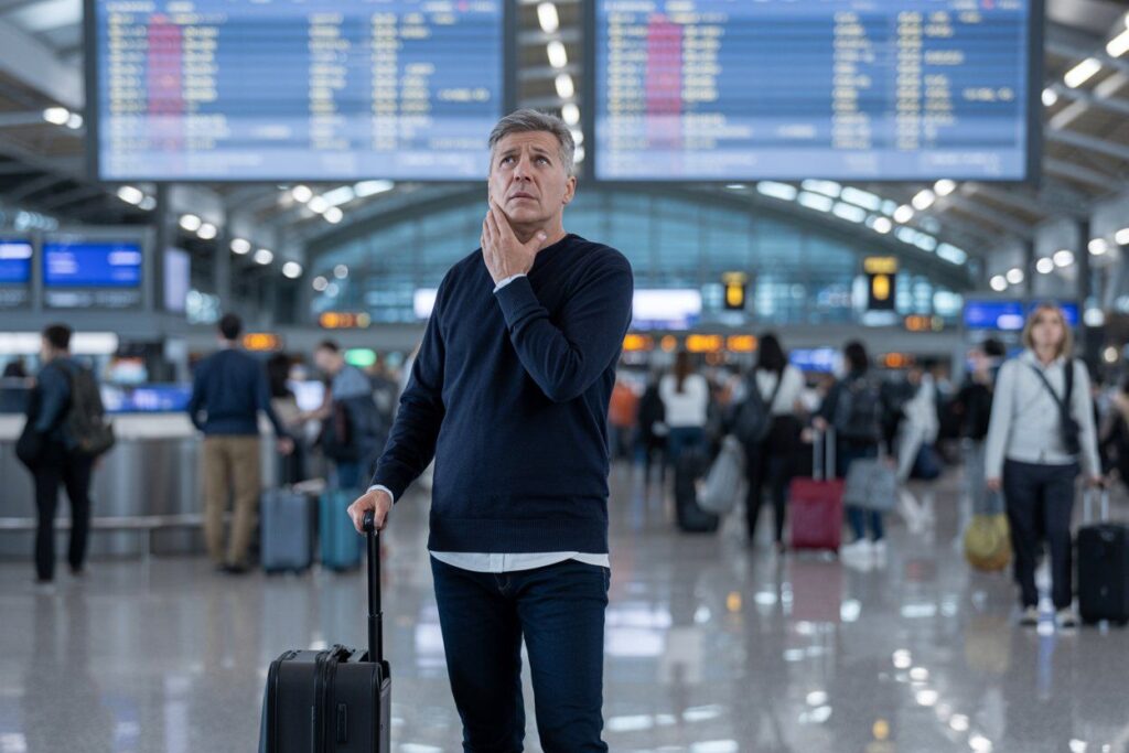 Man in a navy sweater with a rolling suitcase at an airport, touching his neck and looking up at departure boards.