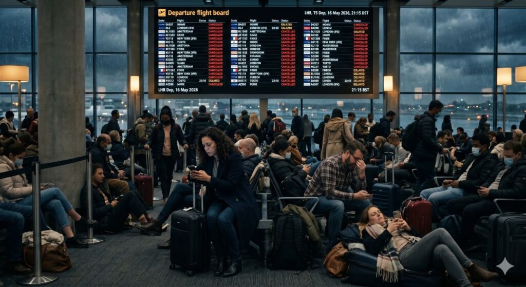 Crowded airport terminal with a large departure board overhead and travelers waiting with luggage.