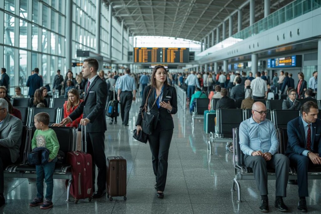 Busy airport terminal with passengers seated and waiting; a woman in a dark suit walks center with a bag and a phone in hand.
