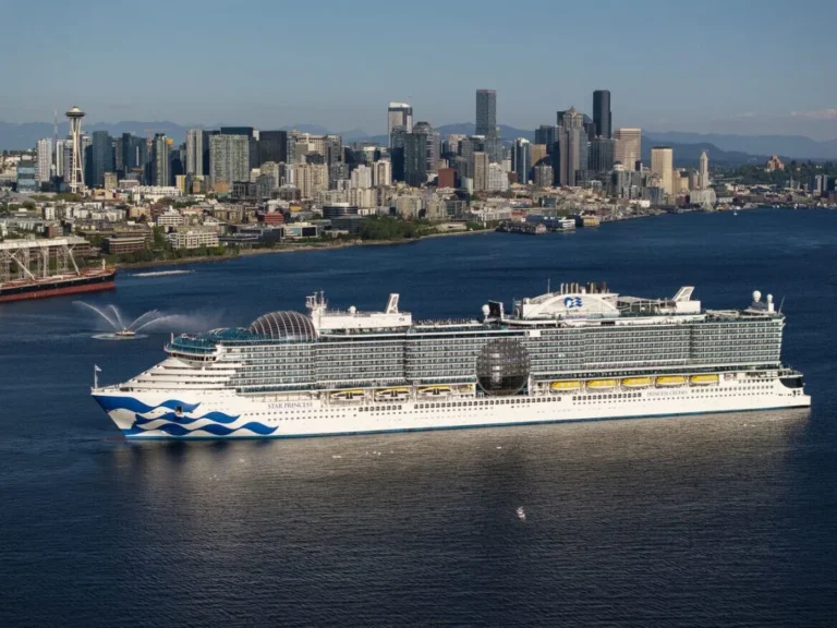Large white cruise ship Star Princess sailing near a city skyline, with the Space Needle visible in the background.