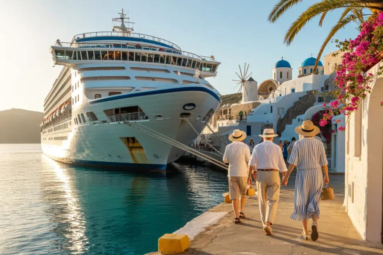 Tourists in straw hats walk along a pier toward a large white cruise ship docked in clear aqua water.