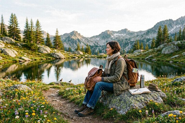 Woman resting on a rock by a calm alpine lake, with a brown backpack, scarf, and hiking boots, gazing at the mountains.