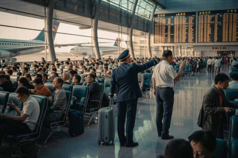 Crowded airport departure hall with travelers seated as a uniformed staff member guides passengers and luggage nearby.