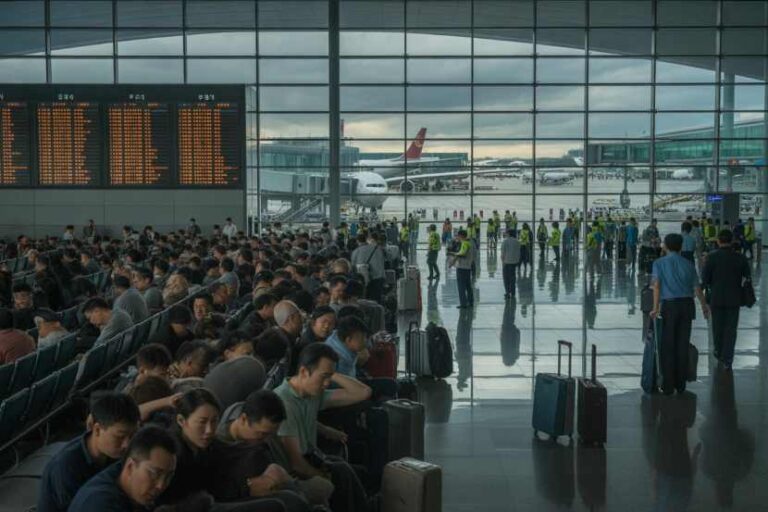 Crowded airport gate area with passengers seated and others standing with suitcases, large flight information board to the left.