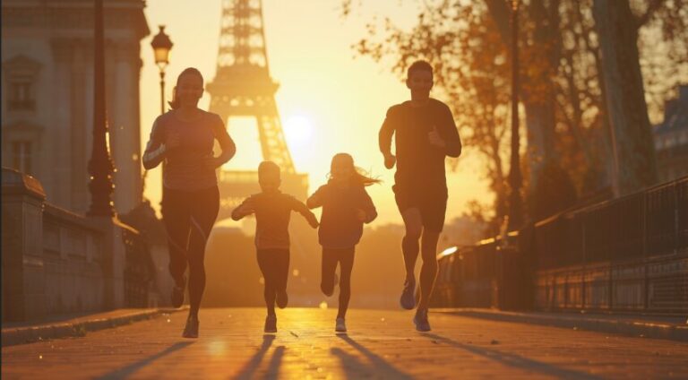 A family of four runs along a Paris bridge at sunset, with the Eiffel Tower silhouetted in the background.