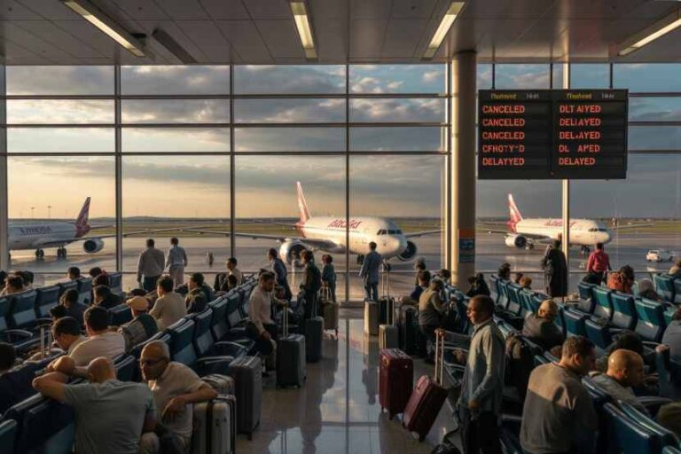 Busy airport gate area at sunset with passengers seated and standing, luggage by their chairs, planes on the tarmac outside and a departure board showing canceled and delayed flights.