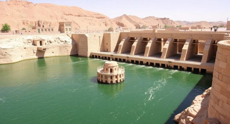 Ancient dam with a central circular pavilion in a green pool, stone walls, and arched sluice gates against desert hills.