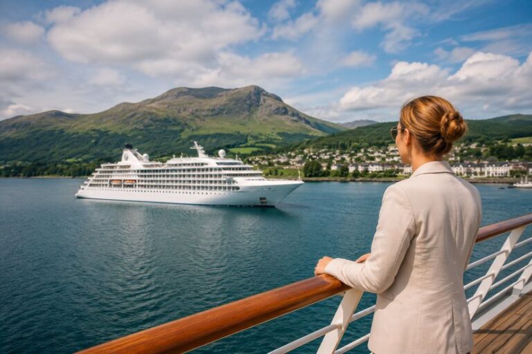 Woman in a beige blazer stands at a ship railing, watching a large white cruise ship on blue water with green hills in the background.