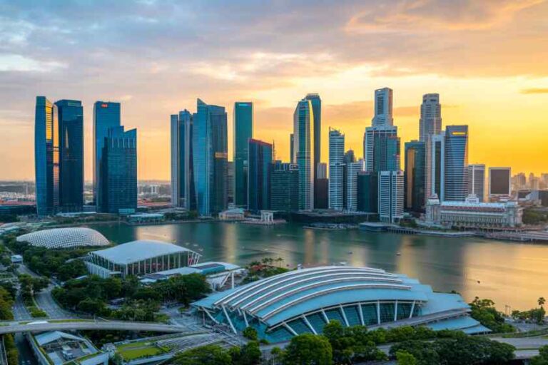 Marina Bay skyline at sunset with tall glass skyscrapers reflecting on the water and curved white-roofed buildings in the foreground.