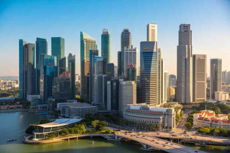 Singapore skyline along Marina Bay with glass high-rises and a waterfront promenade in the foreground.