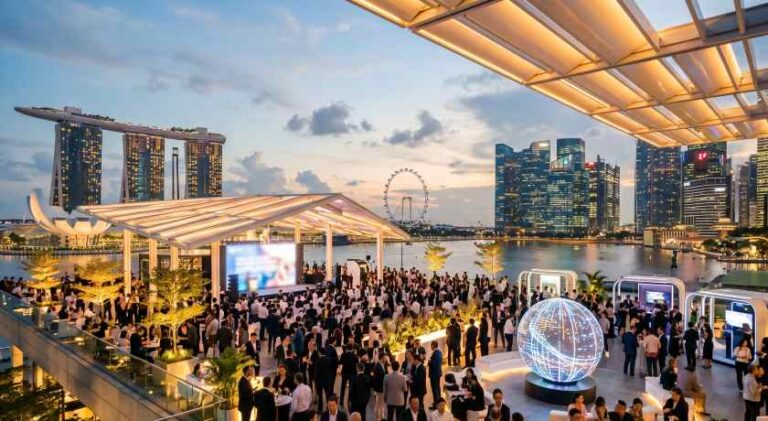 Crowd at an outdoor rooftop party by Marina Bay Sands with a large screen, globe sculpture, and city skyline at dusk.