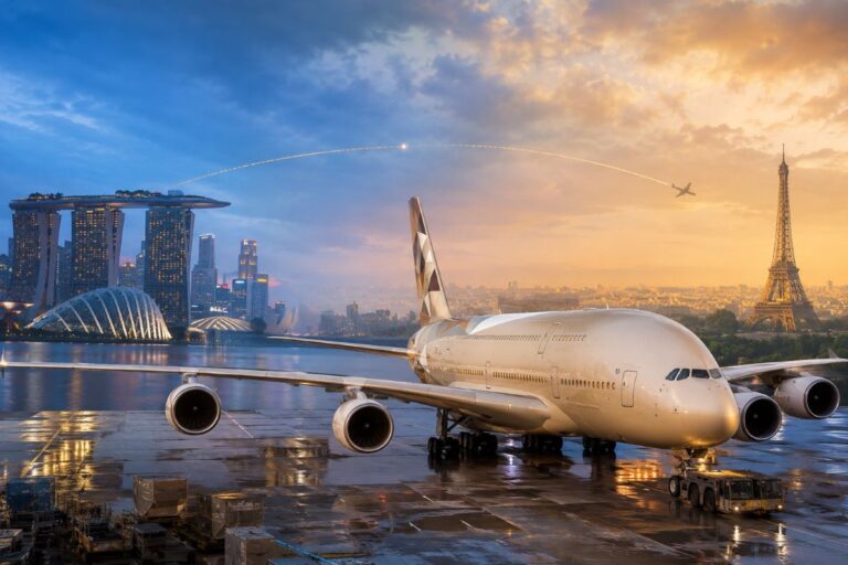 Large white commercial airplane parked on a wet runway with a city skyline and sunset in the background.