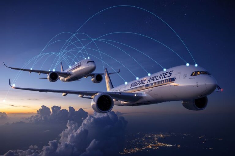 Two Singapore Airlines planes in formation over clouds at dusk, with glowing arcs depicting global connectivity.