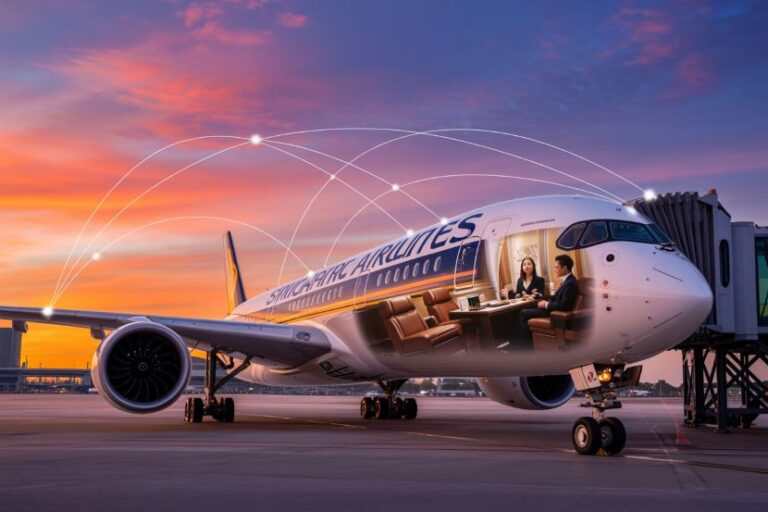 Commercial airplane at a gate during sunset, with two people seated at a table inside the forward cabin for a meeting or discussion.