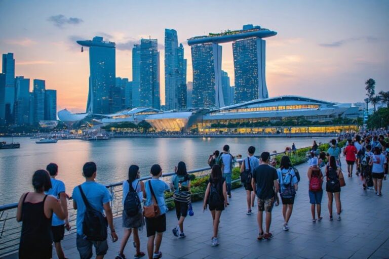 Groups of people walk along a waterfront promenade with Singapore's Marina Bay skyline and the iconic Marina Bay Sands hotel in the background at dusk.