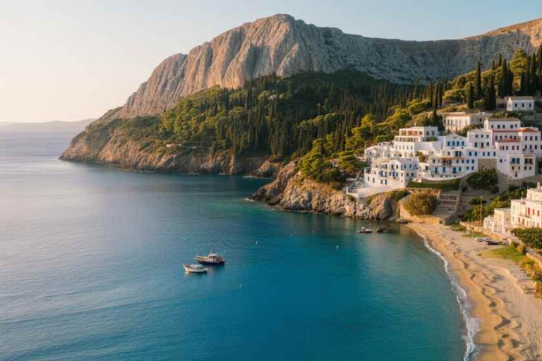 Coastal village with white buildings perched on a rocky cliff overlooking turquoise sea, with small boats near a sandy shore.