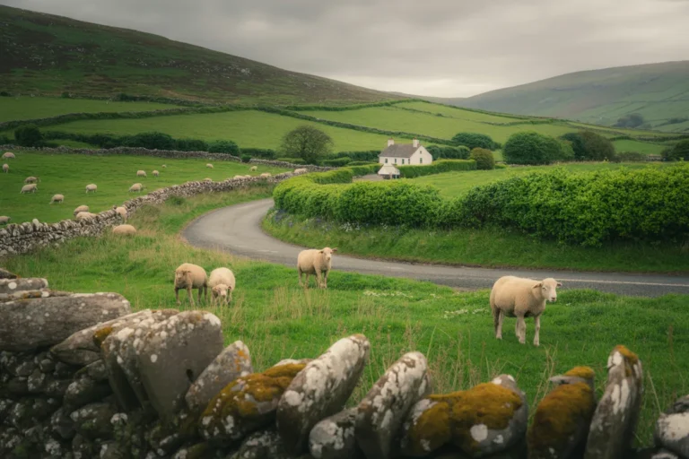 Pastoral countryside with green fields, sheep grazing near a winding road and a white cottage in the distance under a cloudy sky.