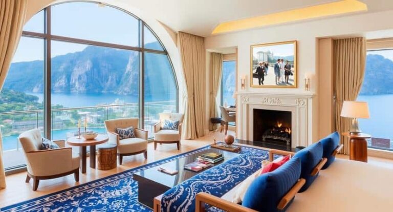 Luxurious living room with a curved glass wall offering an ocean view, a fireplace, and blue patterned rug.