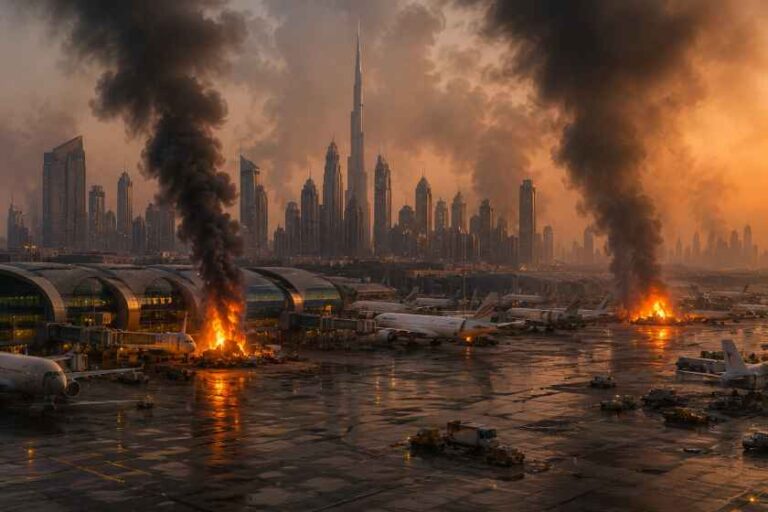 Airport tarmac with burning aircraft and dark smoke, city skyline in the background.