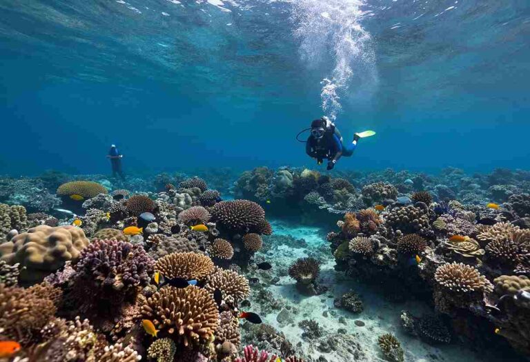 Two divers explore a vibrant coral reef underwater filled with colorful corals and small fish.