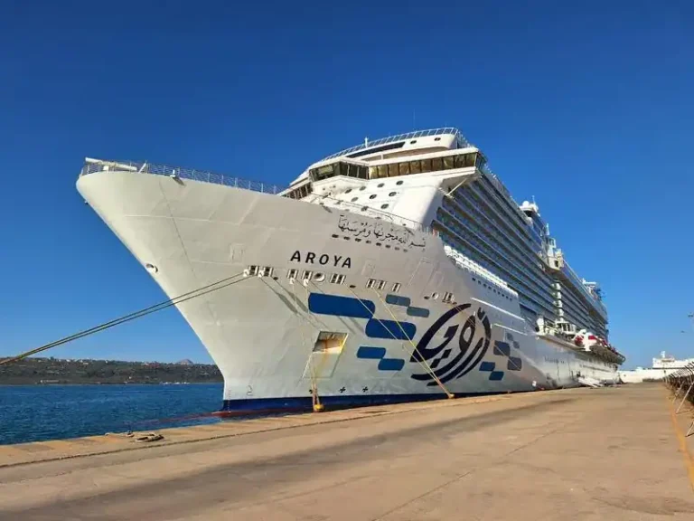 Large white cruise ship docked at a sunny port, bow to the left, with mooring lines securing it to the pier