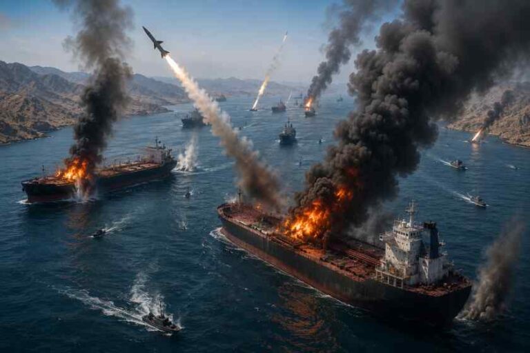 War-at-sea scene: several ships fire fiery explosions and thick black smoke as missiles are launched over the water.